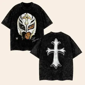 Rey Mysterio Washed T-Shirt Wrestling WWE Fans Tee Menswear 100% Cotton Crewneck American Made Acid Washed Top Seamless Rib Collar Casual ShortSleeve Black graphic tee men's t shirts trendy t-shirts