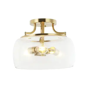 13" Brass Gold 3-Light Semi-Flush Mount Ceiling Light with Clear Glass Shade