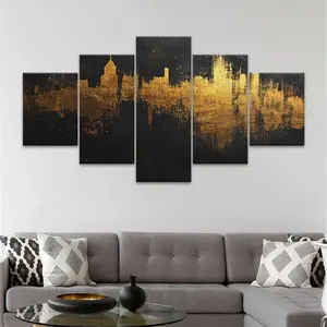 5 Counts Unframed Canvas Poster, Gold Foil Cityscape Skyline Poster, Exquisite Poster, Perfect Living Room Decoration, Modern Art, Fashion Family Poster, Wall Art Decoration, Odorless, Waterproof, Artwork
