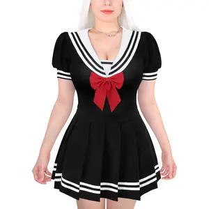 Littleforbig Cotton Sexy Cosplay Sailor Costume Romper Onesie Pajamas Bodysuit - Low Cut Magical Girls Onesie Skirt Set Black