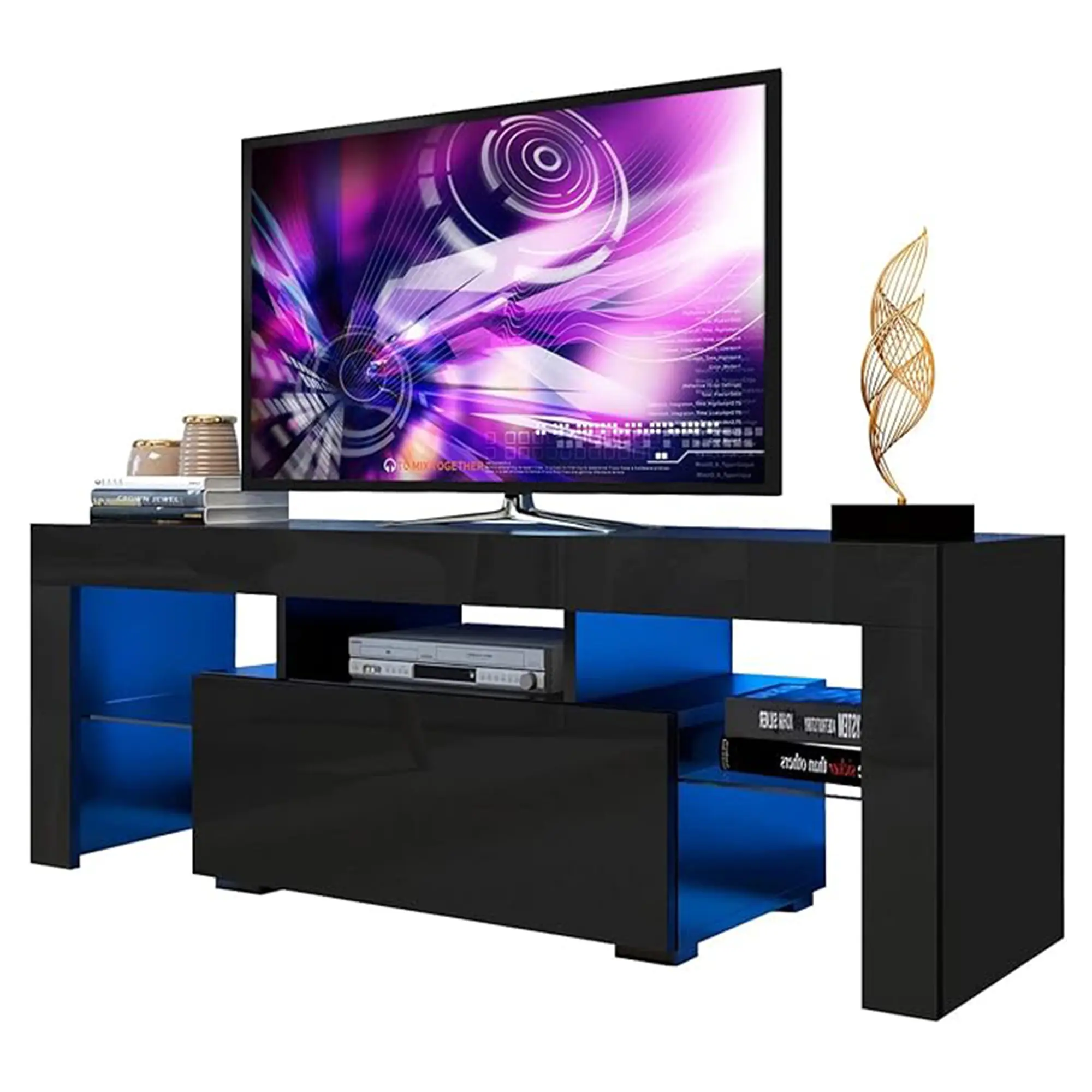 Modern TV Stand for 55 inch TVs, Black TV Stand with LED Lights, High Gloss Entertainment Center with Storage Drawer, Media Console Table Cabinet Desk for Living Room, Black