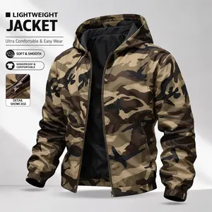 Classic men’s camouflage hooded windbreaker jacket made from lightweight, wear-resistant fabric—perfect for outdoor camping, wilderness survival, everyday casual wear, street activities, and sports/fitness; an ideal choice for spring and summer outfits.