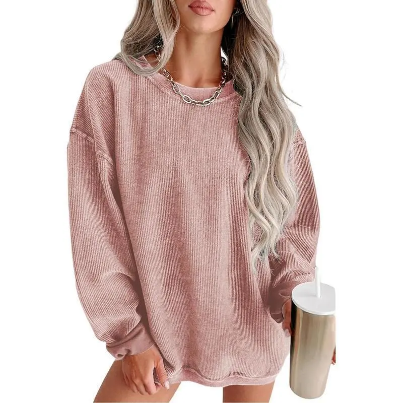 Womens Crewneck Oversized Corduroy Corded Sweatshirt Long Sleeve Casual Pullover