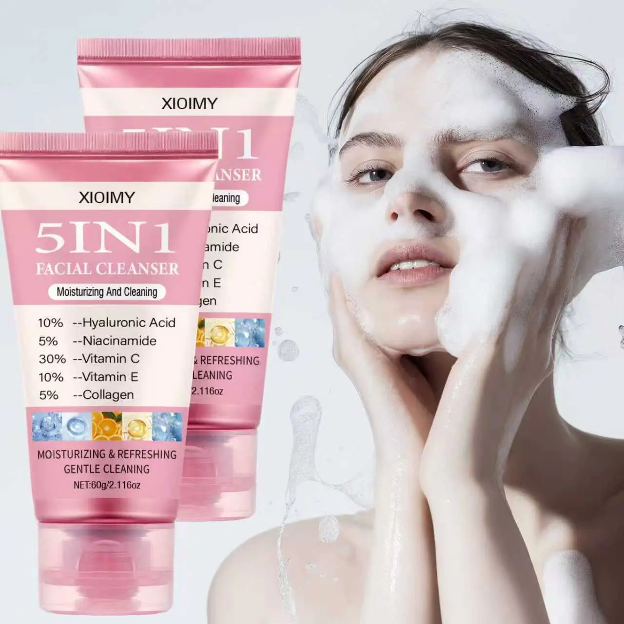 Two-Pack 120g Hyaluronic Acid Niacinamide Vitamin C E Collagen Face Cleanser, Deep Cleaning Hydrating Moisturizing Smooth Radiant Skin, Facial Cleansing Brightening Cleanser, Moisturizing Facial Cleansers