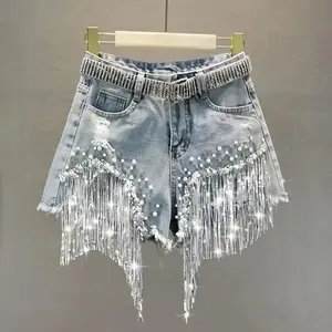 Denim Shorts Women's 2025 Summer Clothes New European High Waist Thin Heavy Industry Beaded Sequined Fringed Broken Copper Jeans