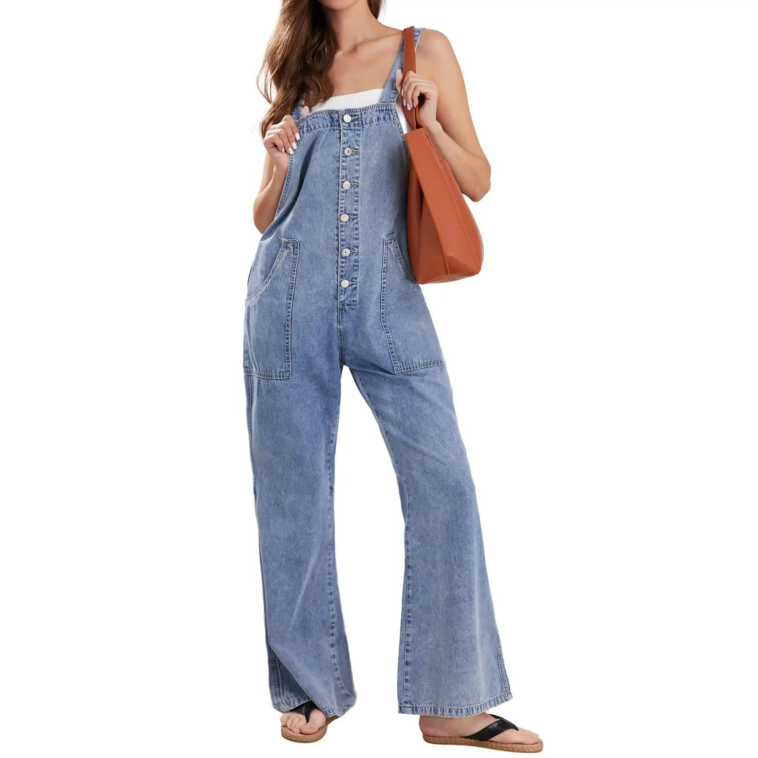 CHARTOU Women's Basic Sleeveless Casual Denim Overalls, Wide-Leg Button-Backless Jumpsuit with Pockets, Strap, Wide Leg Pants, Cotton Fabric, Loose Fit, Hollow, Fashion, Plain, Button Down Bib, Rear Pockets, Loose-Fitting