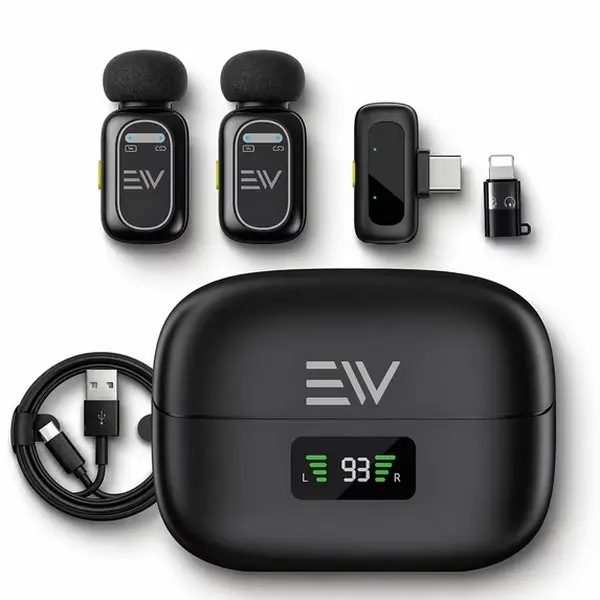 Electronic World Electro Wireless Lavalier Microphone with Dual Clip-On Mics, ENC Noise Cancellation, USB-C & Lightning, Charging Case
