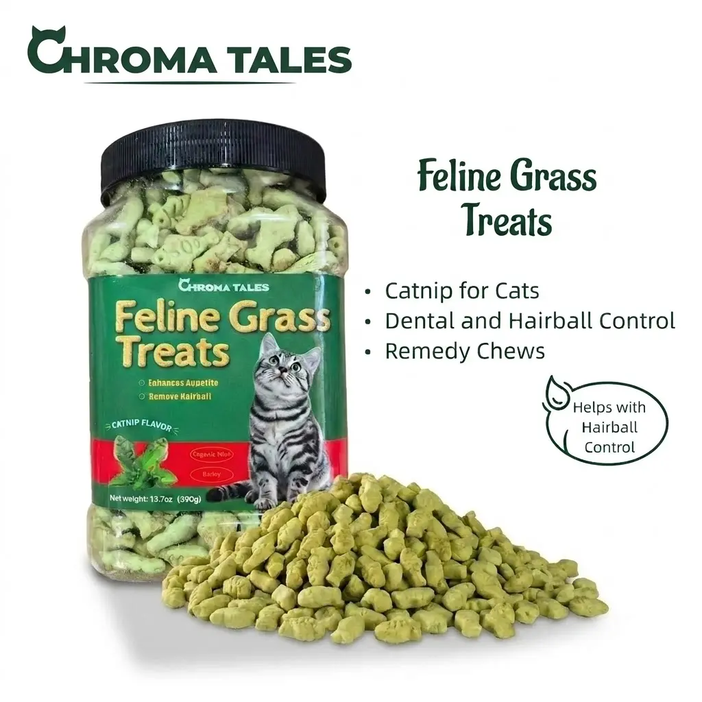 CHROMA TALES Over 1,000 Cats Love It! Salmon Cat Grass & Catnip Treats- Hairball, Dental & Training Chews for Cats  biscuit cat removal cattreats