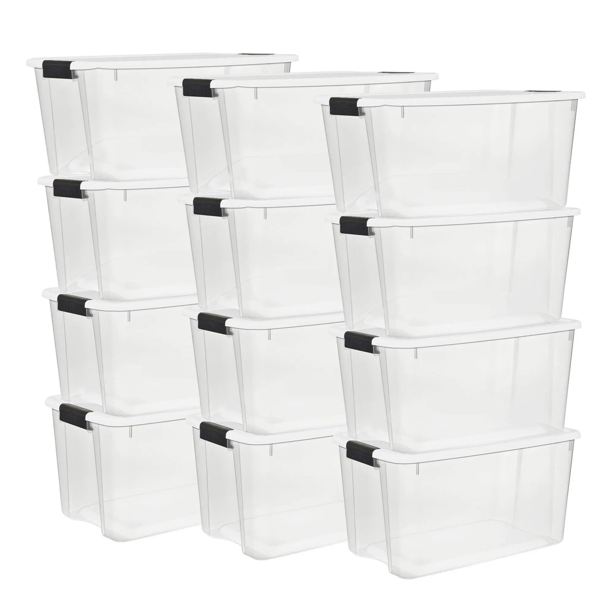 Sterilite 70 Qt Clear Plastic Stackable Storage Bin w/ White Latch Lid, 12 Pack