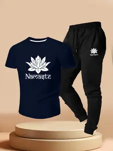 Men's Yoga Zen Element Short Sleeve T-Shirt + Slim Fit Pants Set, Summer New Casual Wear, Lotus Print, Daily Fashion
