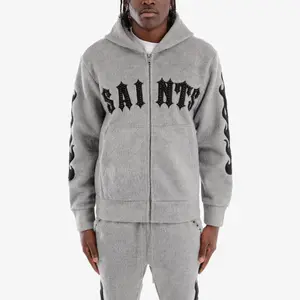Copper Rivet 'Saints' Mohair Pearl Embroidery Zip Hoodie (Gray) 531081