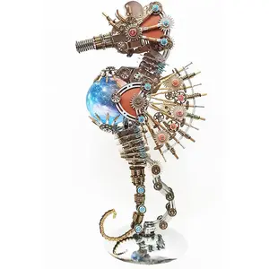 Metalkitor 3D Steampunk Seahorse Puzzle Lamp - 2100PCS Mechanical Metal Model Kit with 16-Color Planet Light - Unique Room Decor & Gift Choice