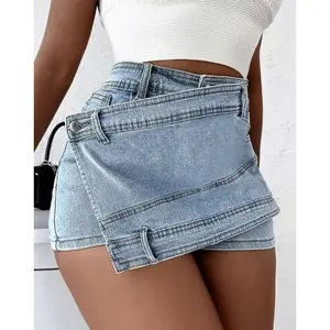 Plus Size Women's High-Waist A-Line Wide-Leg Denim Skort Shorts Street Style 2026 Spring Trend Button Detail Casual Cotton Blend