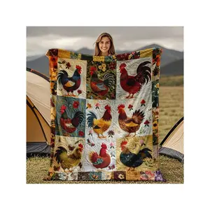 Vintage Farmhouse Chicken Print Quilted Bedspread - All-Season Soft Flannel Bedding With Rooster & Hen Design, Rustic Country Style For Bed, Couch, Travel - Ideal, Housewarming, Camping - Machine Washable Cozy Home Decor In Warm Earth Tones (Brown-30*40in