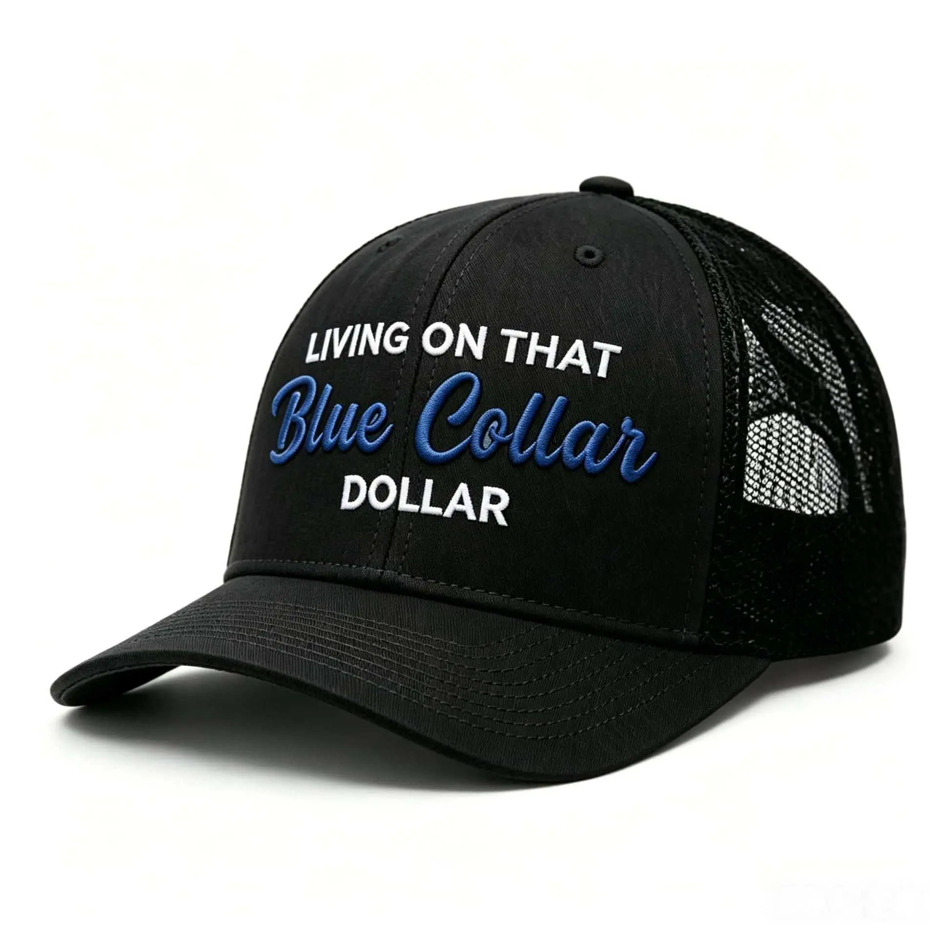 Living On That Blue Collar Dollar Embroidered Mesh Trucker Hat, Breathable Outdoor Sun Protection Baseball Cap