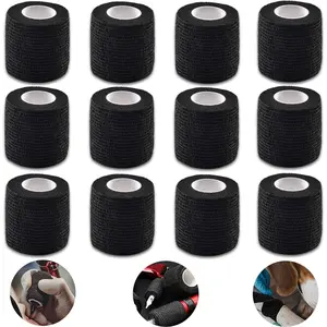 Tattoo Machine Tape, 12 count Self-Adhesive Bandage 2" x 5 Yards Grip Wrap Cover Breathable Cohesive Elastic Bandage Rolls for Machine Tube Accessories, Sports Tape (12count Black)