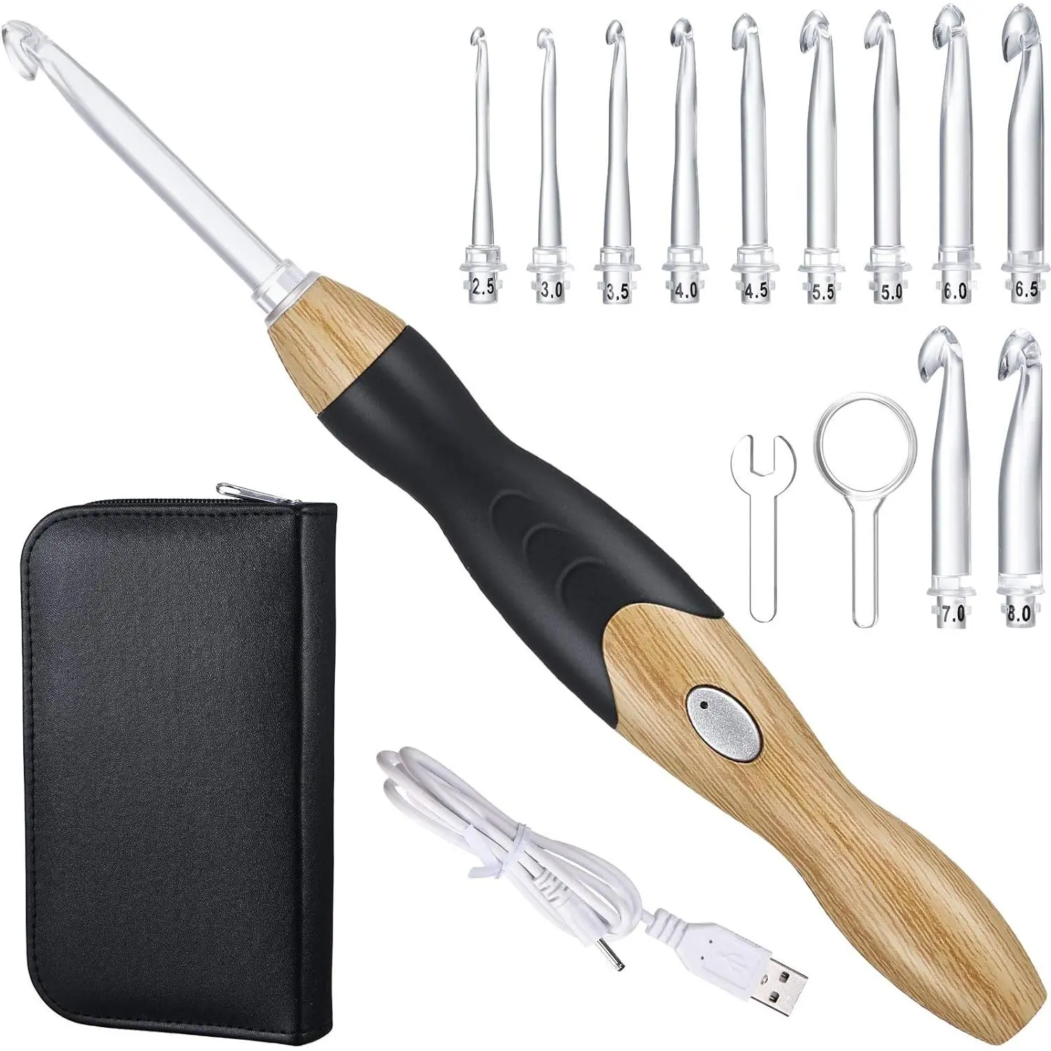 11 Sizes Lighted Crochet Hooks Set Rechargeable Crochet Hook Light Up Hooks with Case, Interchangeable Heads 2.5 mm to 8 mm for DIY Craft Supplies( Color-Black)