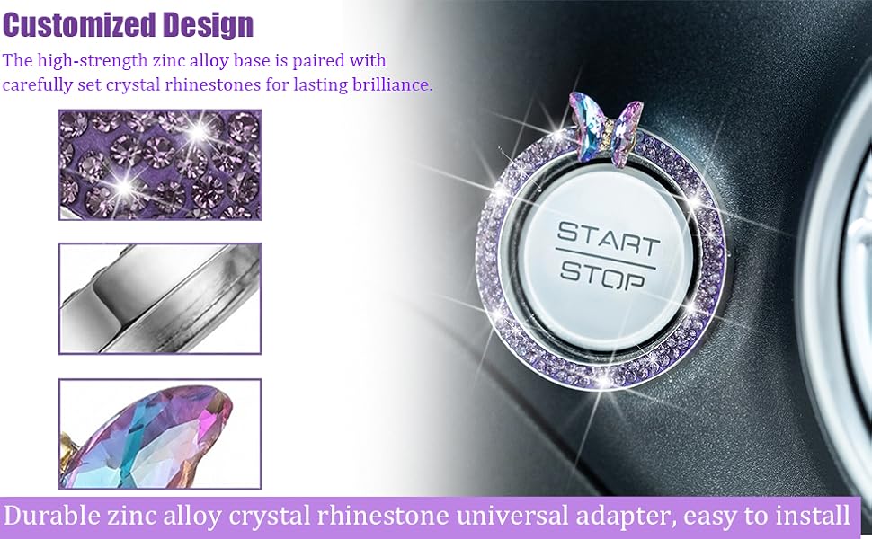 4PCS Bling Car Engine Start Stop Decoration Ring, Crystal Rhinestone Auto Push Start Button Ignition Ring Sticker, Vehicle Decor Accessories for Women Girls, Universal for Vehicles (Dark Blue)