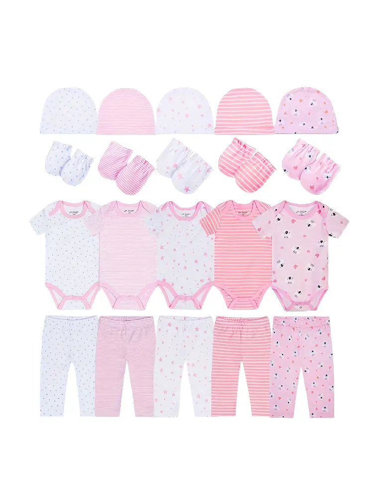 JY.COZY FOR BABY Girl Boy Clothes Unisex Onesie Layette Sets 20 Pack Organic Cotton Baby 5 Bodysuits 5 Pants 5 Hats 5 Gloves Infant Pajamas Newborn Outfits Hypoallergenic Breathable Stretchy OEKO-TEX Certified for All Seasons Playdate Christening