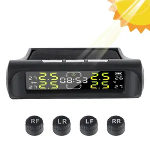 Universal Car TPMS Tire Pressure Monitoring System, Solar USB Powered 0-6Bar with Digital Clock LCD Display Tyre Temperature Monitor & Security Alarm