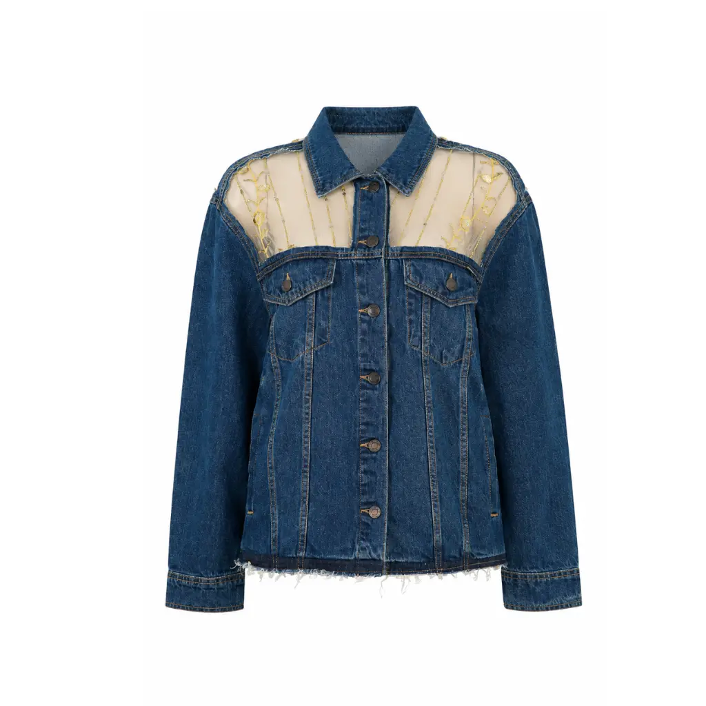 Wildgeese Handcrafted Sheer Embroidered Premium Denim Jacket – Luxury Designer Floral Mesh Outerwear