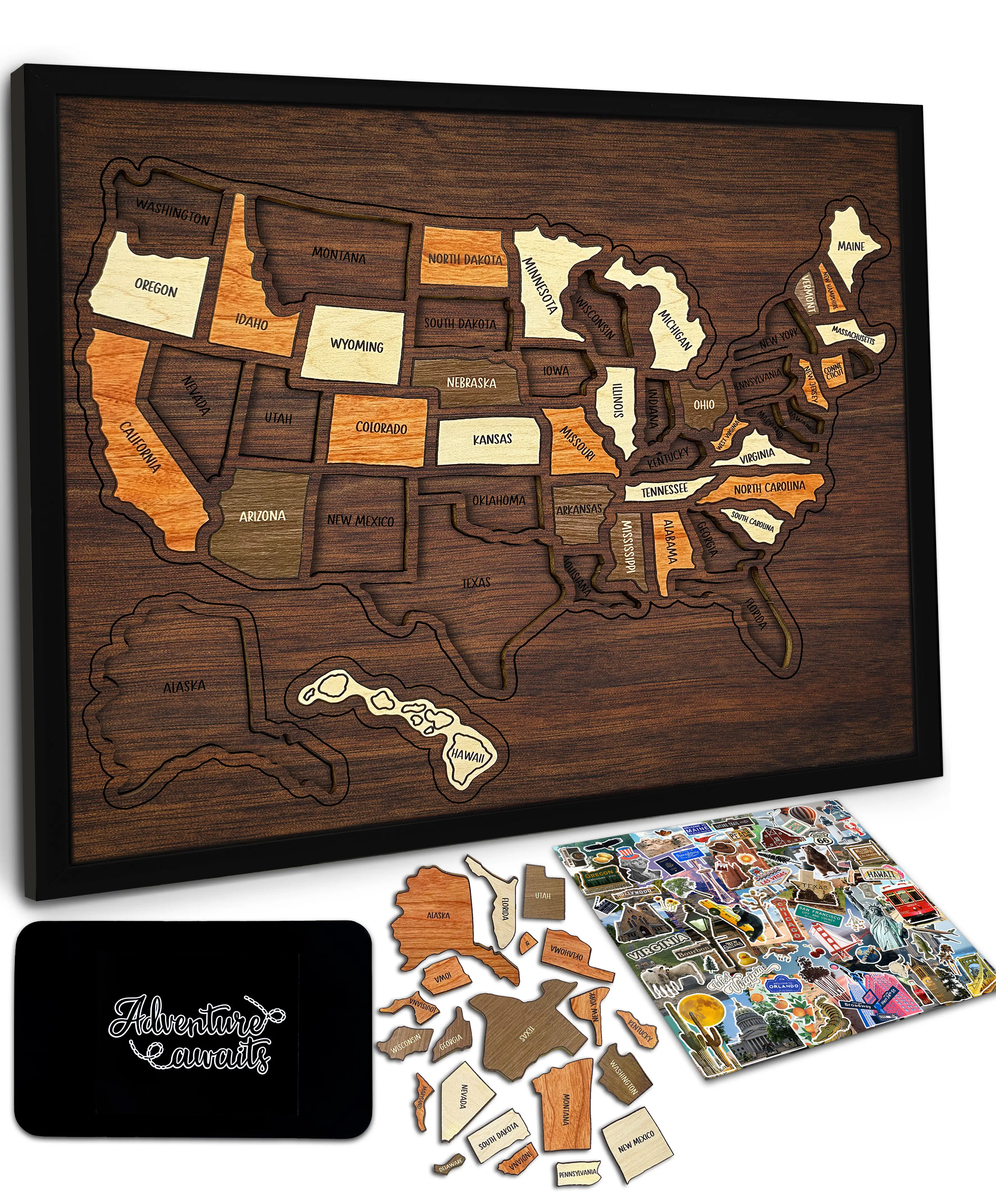Flinelife Wooden USA Travel Map Puzzle - Vintage Room Decor & Wall Decorations, Funky Home Decor, Whimsical Boujee Home Accessories, Oddities Home Decor Gift for Couples & Families (13x11")