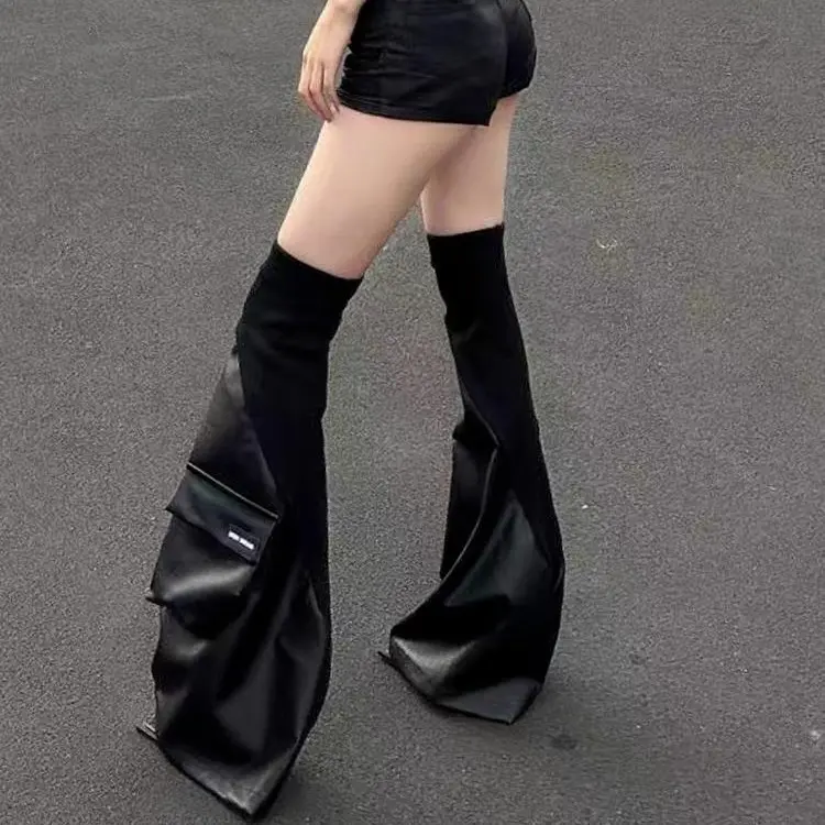 Fashion RO Performance Gothic Leg Warmers For Women PU Leather Patchwork MicroFlare Slimming Knee High Socks Mid Long Techwear Boot Sleeves