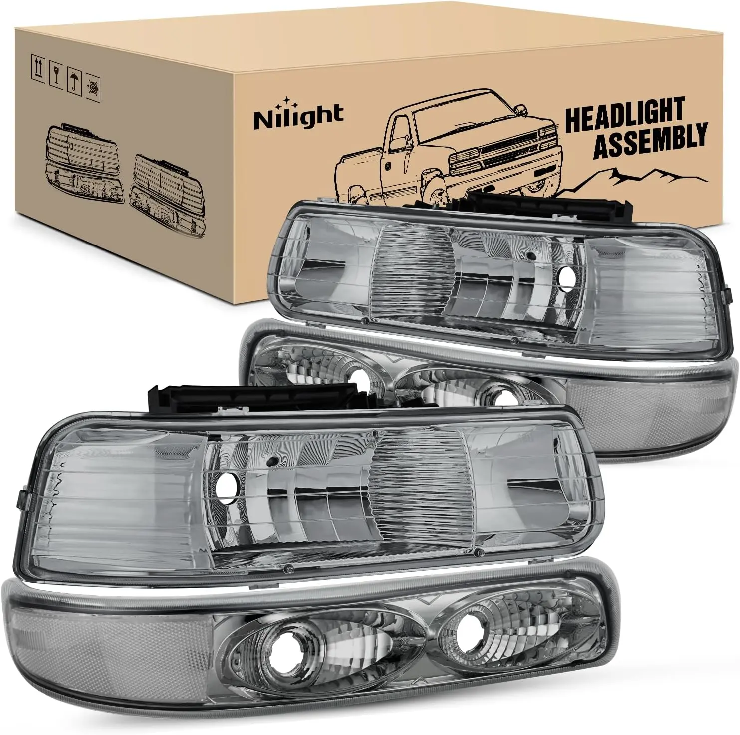 Nilight Brightening IP65 Rated Plug-and-Play Car Lighting Headlight Assembly Set for 1999-2002 Chevy Silverado 1500,1500HD,2500,2500HD,3500 & Chevrolet Tahoe,Suburban - Waterproof Adjustable Replacement Headlamp Housing & Bumper Lights for Night Driving