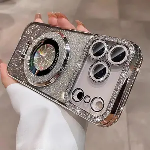 Luxury Diamond Glitter Phone Case for iPhone 17 16 15 14 13 12 Pro Max with Gold Plating Magsafe Lens Protector Shockproof & Anti-Fall
