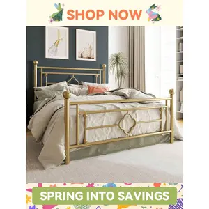 Vintage Victorian Style, 14 Inch Metal Platform Bed Frame, Wrought Iron Headboard And Footboard/Mattress Foundation For Storage Hybrid Pocket Coil Twin Size Gingham Daybed with Trundle Full Double Floor Door Queen Canopy