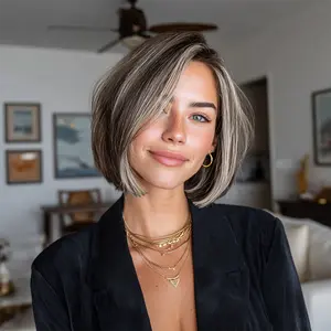 SMILCO/14Inch Highlight White with Brown 6*0.5 Small Lace Front Short Straight Synthetic Wig/SM459