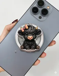 (Black) Pretty Highland Cow Phone Grip Magsafe, Baby Highland Cow With Bow Phone Holder, Funny Phone Grip, Adorable Animal Kindle Grip, Gift for Girls Boys