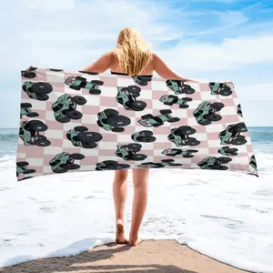 Pink Checkerboard Monster Truck Beach Towel, Quick-Dry Portable Pool Towel, Ultra-Fine Fiber Beach Party Pool Travel Camping Towel, Soft & Comfortable Bath Towel Blanket for Personal Use and Photo Props