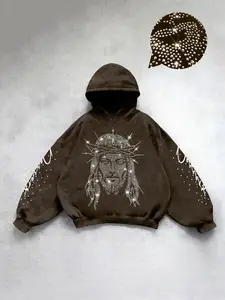Men's Autumn Casual Hooded Sweatshirt, Rhinestone Jesus Print Design, Graphic, Fashion Versatile, Sparkling Embroidery, Regular Fit, Comfortable Daily Wear