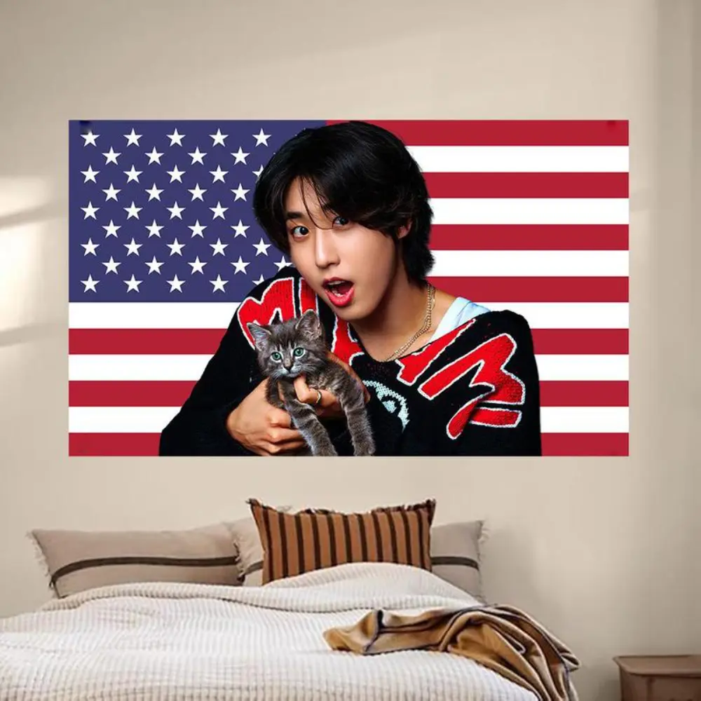 SKZ Han with a Kitten American  K-Pop Tapestry banner, K-Pop Merchandise, Fan Gifts, Wall Hanging, Room Decor, Wall Hanging, Fan Art father's day gifts,gifts boyfriend,gifts for girl adults,cheap stuff for your room
