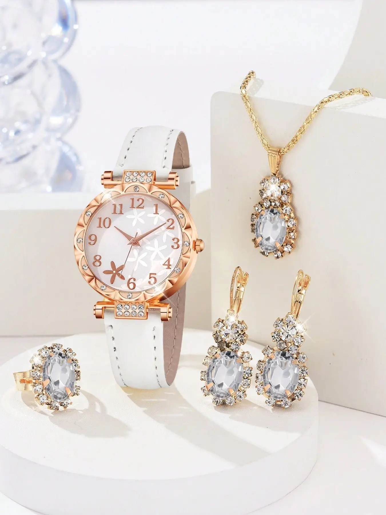 5pcs Women's Rose Gold Starry Dial Quartz Watch Set, Zircon Necklace Earrings Ring Jewelry, Luxury Gift for Birthday Anniversary, Elegant Fashion Jewelry Set