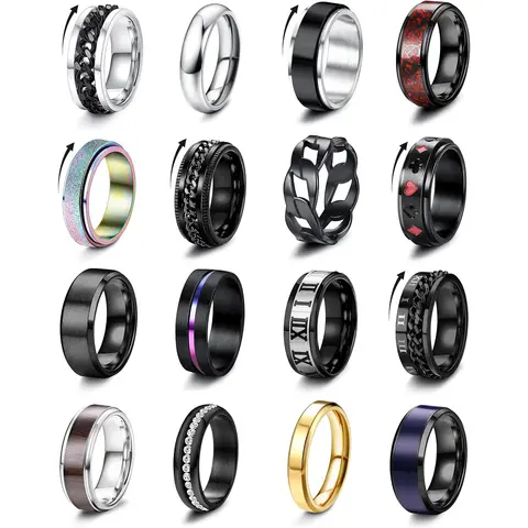 Besteel 16Pcs Hypoallergenic Stainless Steel Metal Fidget Spinner Band Set, Black Cool Chain Anxiety Rings for Women, Stress Relief Wedding Promise Rings