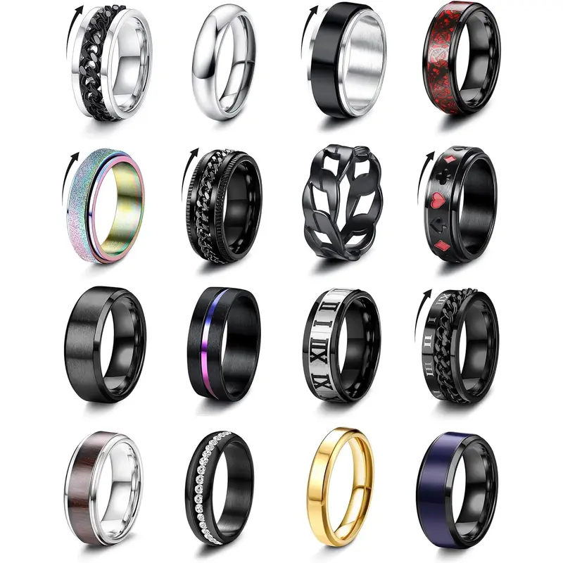Besteel 16Pcs Hypoallergenic Stainless Steel Metal Fidget Spinner Band Set, Black Cool Chain Anxiety Rings for Women, Stress Relief Wedding Promise Rings
