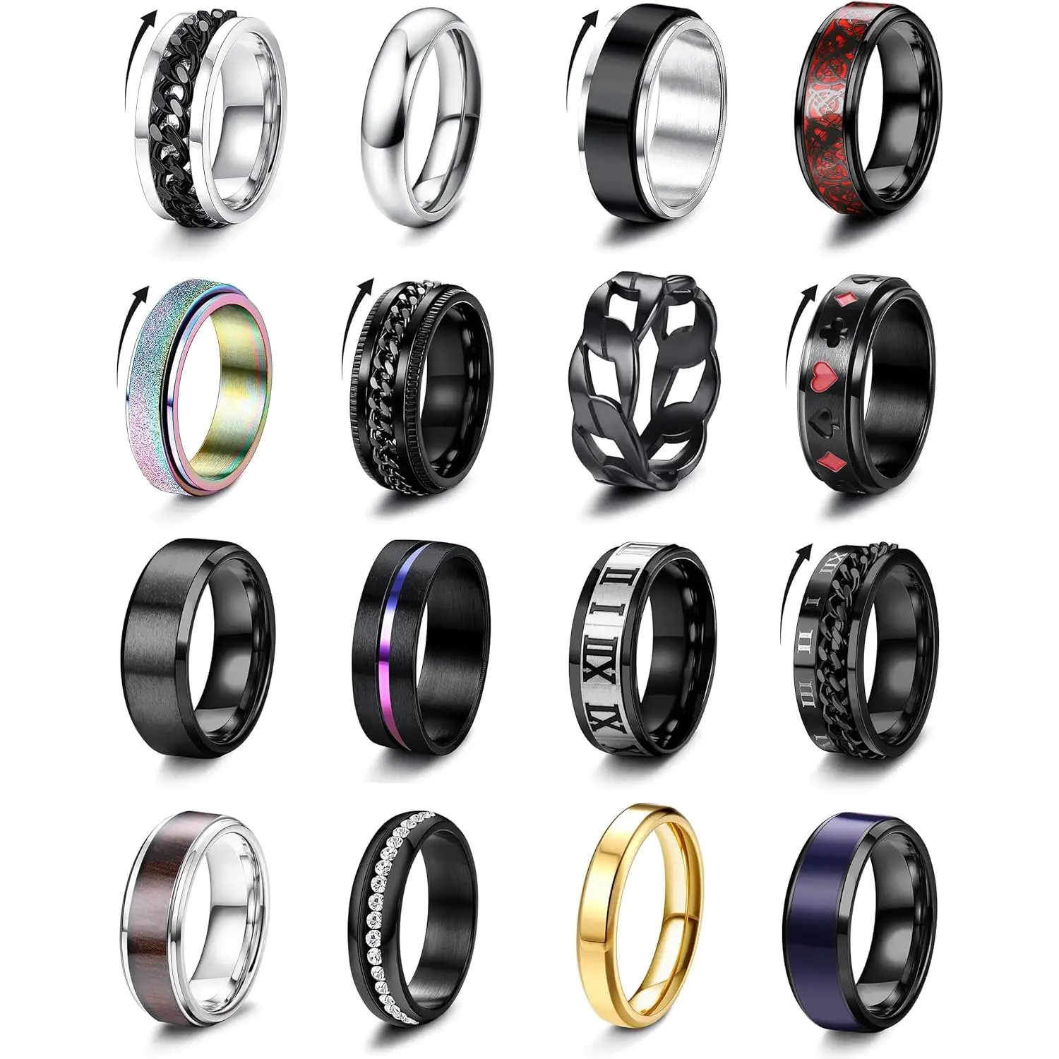 Besteel 16Pcs Stainless Steel Fidget Rings for Men Women&Boys Girls Stress Anxiety Relief Rings Black Cool Chain Band Spinner Rings Set for Wedding Pr