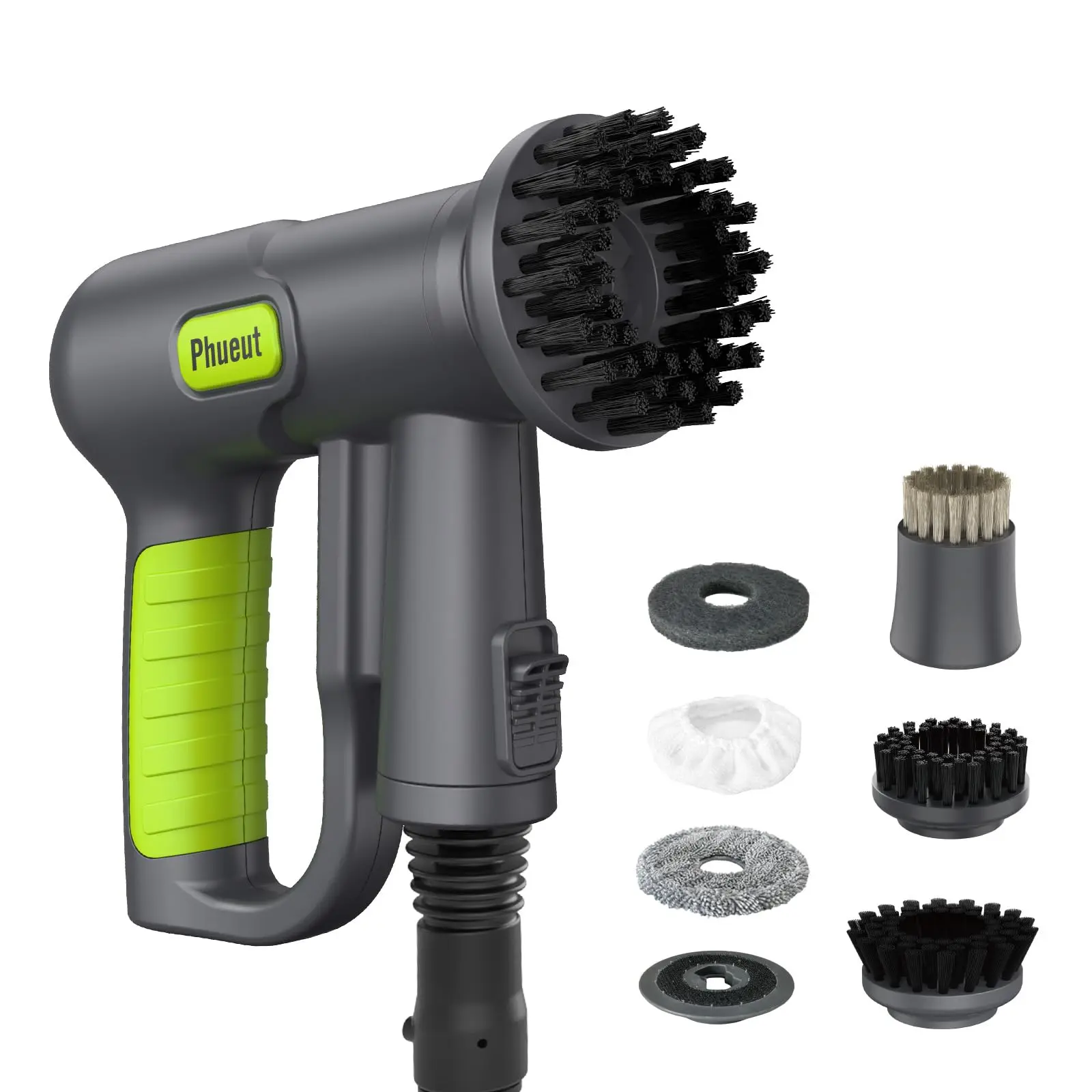 Phueut Compact Cordless Power Scrubber with Plastic Handle - 10-in-1 Fast Charge Deep Clean Tool, 2X Higher Efficiency Grill Brush, 2500mAh Long-Lasting Battery, 9 Brush Heads, Microfiber Pads, Dual Speed Settings for Grout