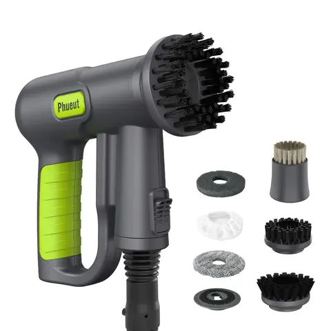 Phueut Compact Cordless Power Scrubber with Plastic Handle - 10-in-1 Fast Charge Deep Clean Tool, 2X Higher Efficiency Grill Brush, 2500mAh Long-Lasting Battery, 9 Brush Heads, Microfiber Pads, Dual Speed Settings for Grout