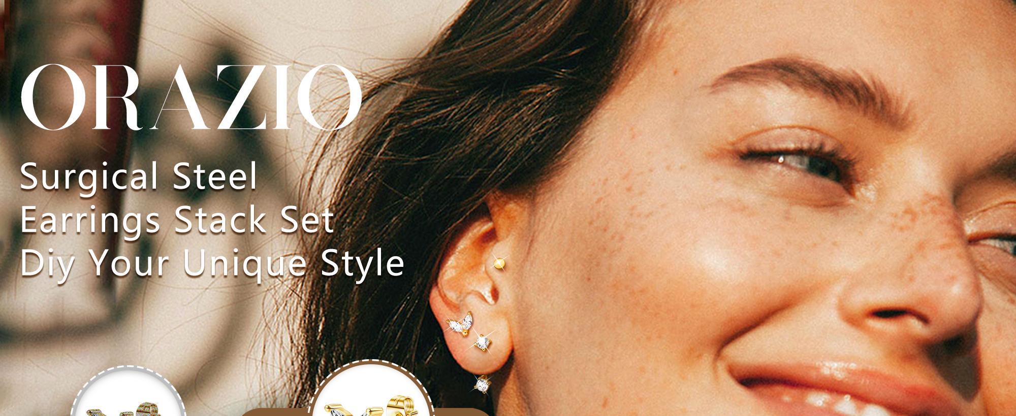 ORAZIO 14K Gold Plated Silver Huggie Hoop Stud Earrings Set for Women Hypoallergenic Cartilage Piercing Jewelry Multiple Piercing Earrings Stack with Chain & CZ Studs