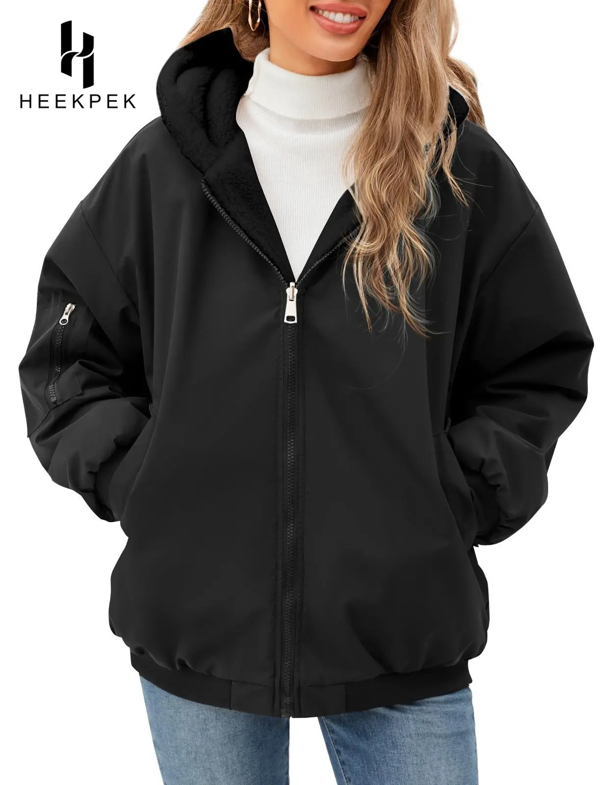 HEEKPEK Women's Reversible Coat Warm Winter Hooded Fleece Lined Jacket Zip Up Outerwear with Pockets, Jackets, Style, Long Sleeve, Piece, Outfits