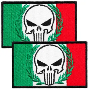 2-Pcs Dead Skull on Italian Flag Embroidered Patch with Hook & Loop Fastener, Morale Patch, Military Patch, Flag of Italy