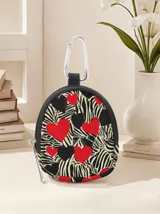 Heart Pattern Mini Wallet, Lightweight Zipper Coin Purse with Hook Clip, Earphone Key Bag, Unisex Casual Style, Valentine's Day Gift, Zipper Wallet Design