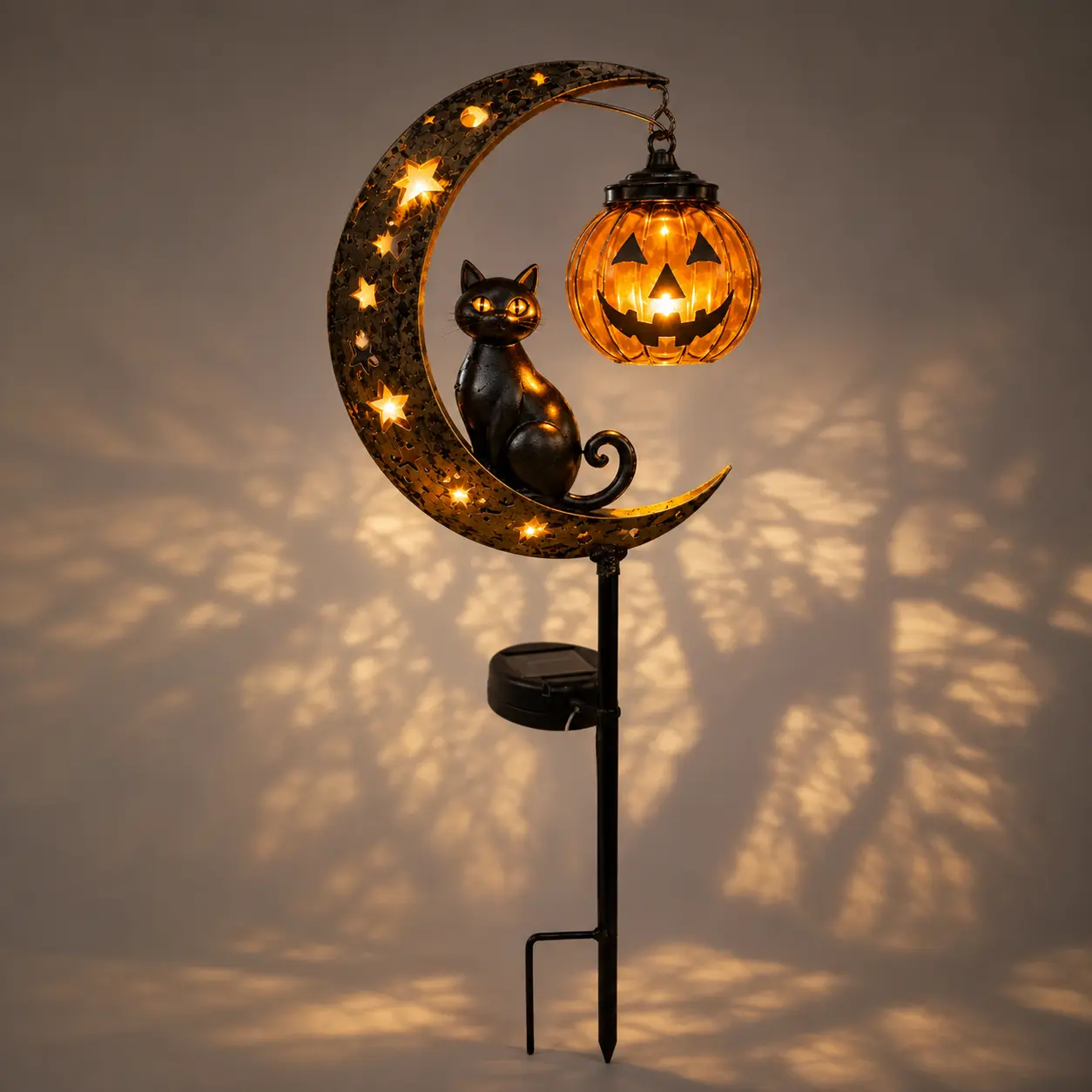 Halloween Solar Garden Stake Lights, Black Cat & Crescent Moon with Hanging Jack-O'-Lantern Design, Warm LED Glow Waterproof Outdoor Halloween Decorations for Yard, Lawn, Pathway, Porch, Garden, 33.46 Inches Tall