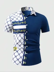Men's Colorblock Geometric Print Short Sleeve Shirt, Regular Fit Casual Retro Button Top for Summer, Men's Clothes for Daily Wear
