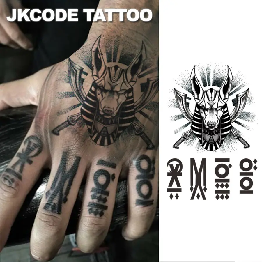 Ancient Egyptian Mythology Tattoo Stickers, Anubis Sun Totem Design, Mythological Motifs Symbolism, Historical Essence Protection Guidance, Waterproof Long-Lasting 15 Days, Unisex Appeal Body Art Decorations, Sticker Tattoos, Ephemeral Tattoos