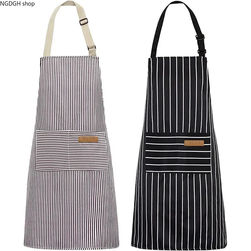 Women's Coffee Pinstripe Cotton Apron with Pockets, Chef-Inspired Design with Adjustable Neck for Home Cooking and Baking, Aprons With Pockets, Coffee Apron
