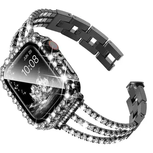 Surace Gold Apple Watch Bands 40mm for Women Series 6 5 4, Bling Diamond Rhinestone Link Bracelet with 2 in 1 Waterproof Bling Case Lace Edge Diamond Protective Bumper Face Cover, Gold